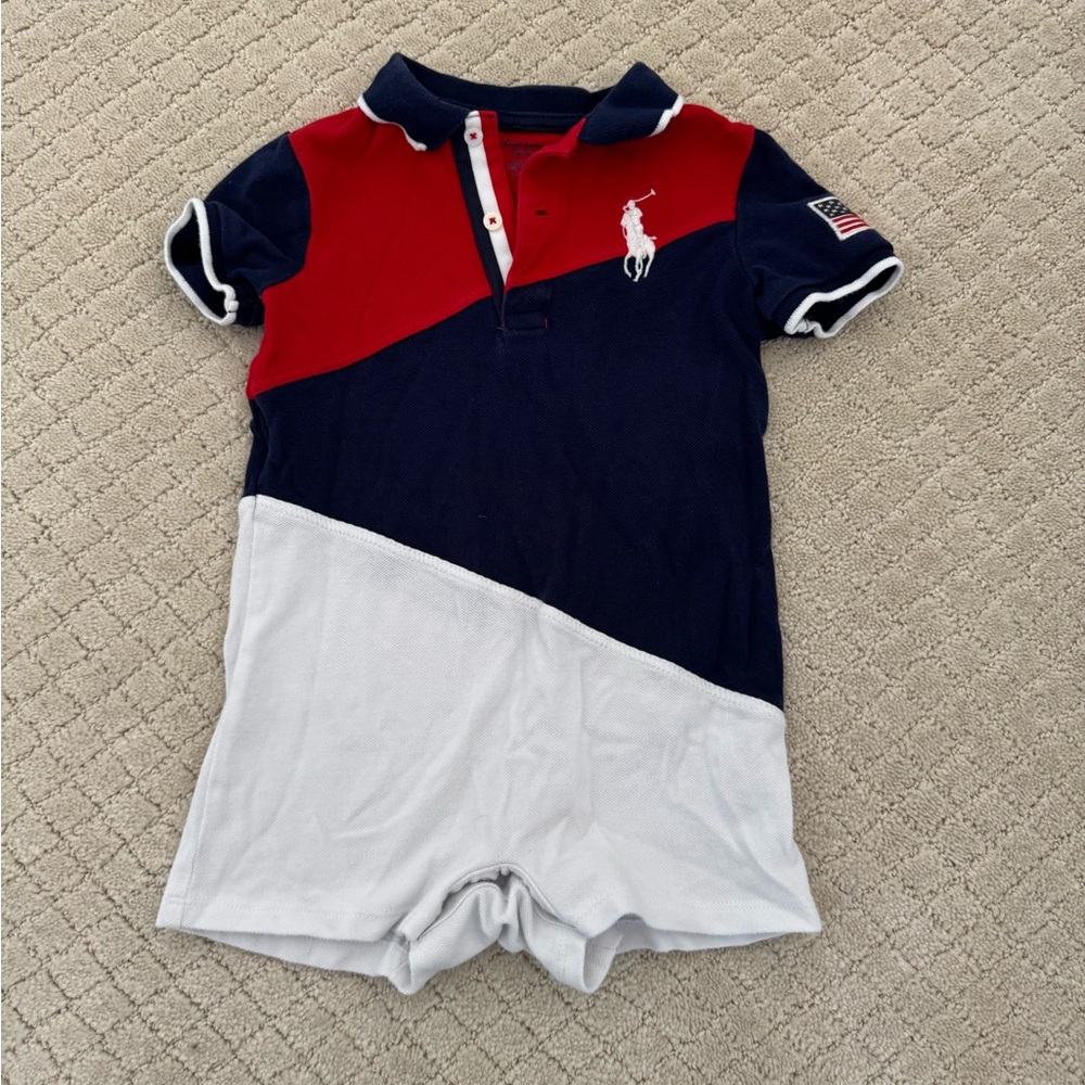 Ralph Lauren Polo Romper Shortall USA theme with flag on Sleeve
